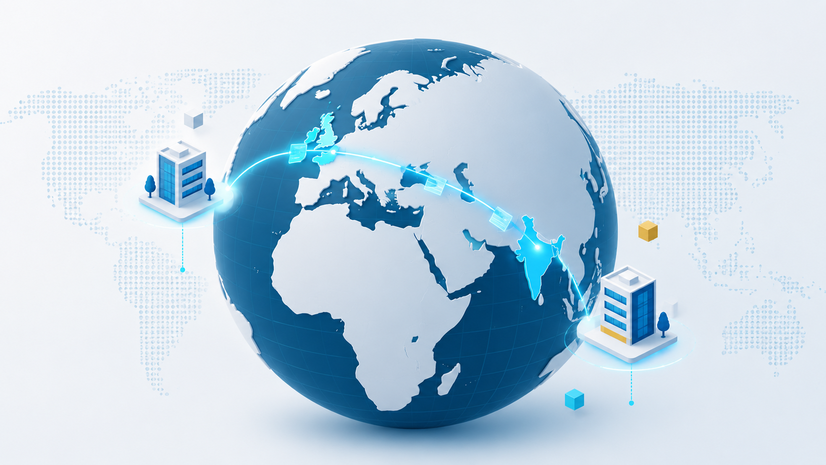 Globe showing India and United Kingdom connected by a glowing line, representing Edgewise's cross-border accounting outsourcing presence