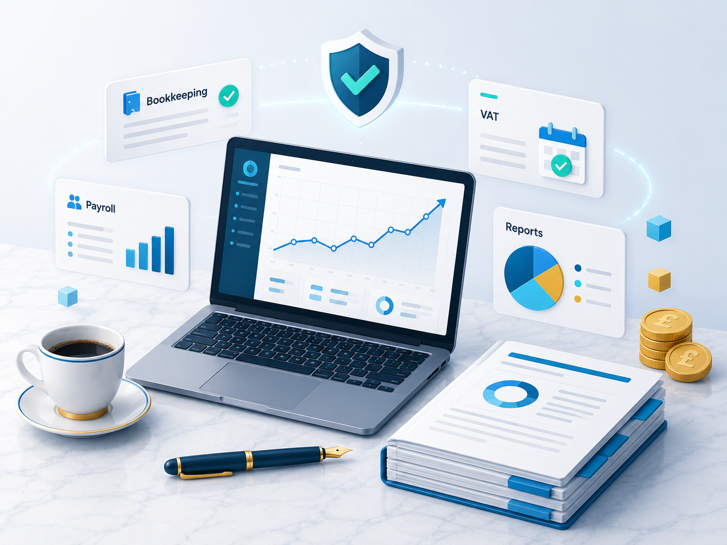 Illustration of a laptop showing financial charts with floating UI cards for bookkeeping, payroll, VAT and reports - protected by a trust shield
